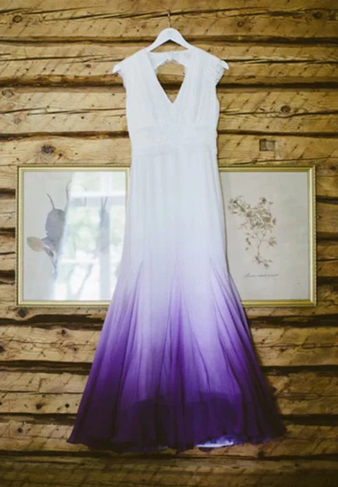 Vestido de fiesta degradado con escote en V, línea A, sin espalda y mangas cortas